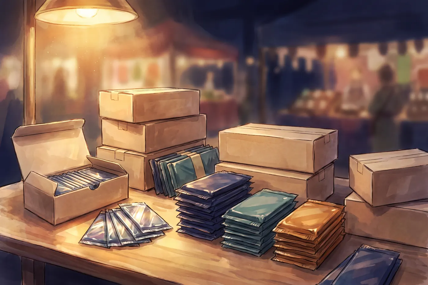 Gestapelde ongeopende boosterboxes en packs op een tafel