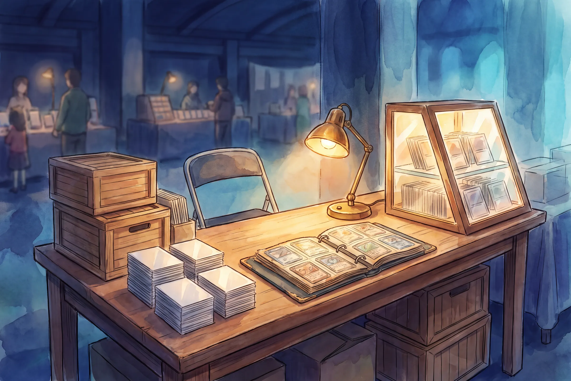 Standhouderstafel met kratten, sleeves, een opengeslagen map en een verlichte vitrine